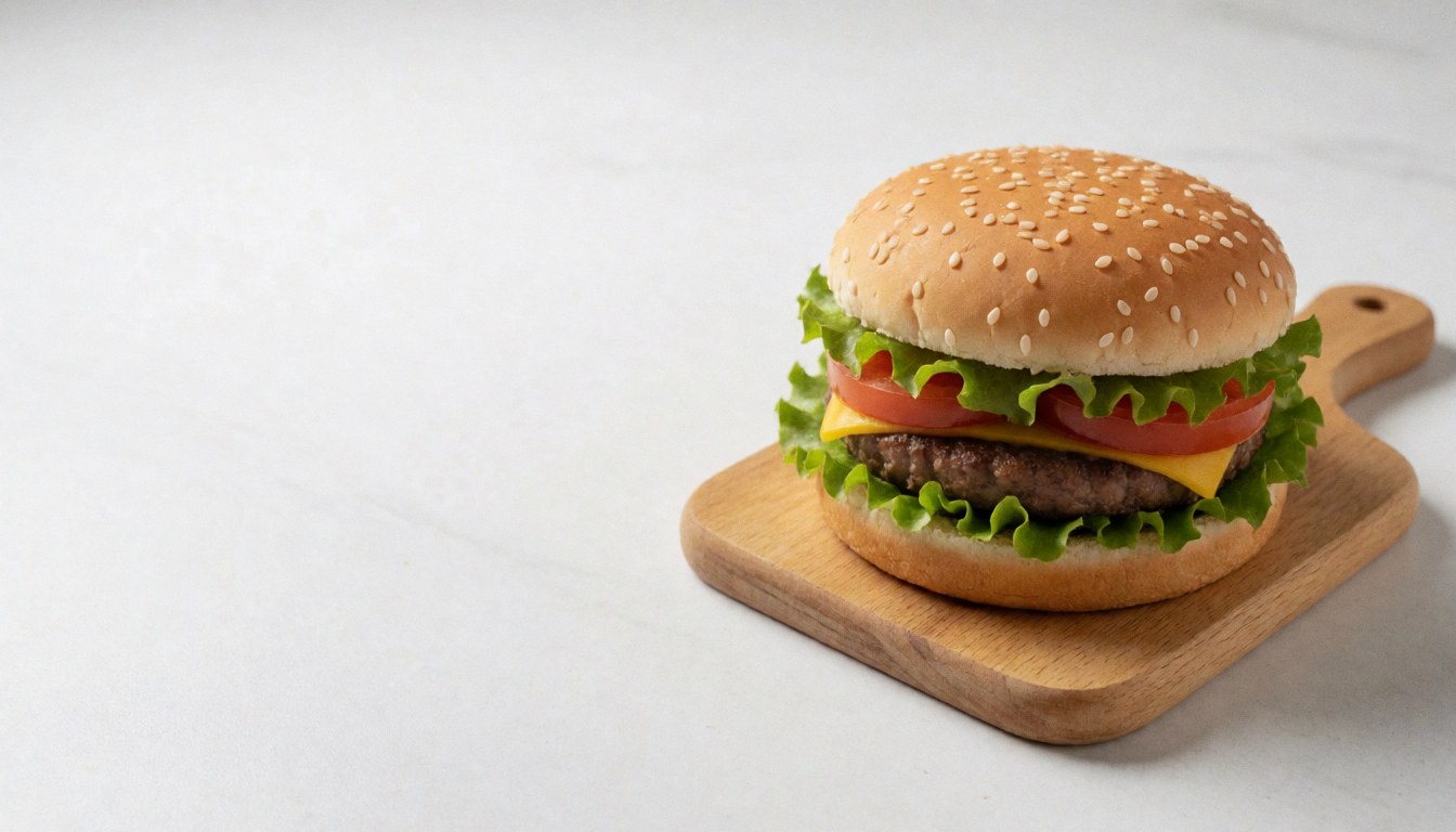 A fresh hamburger with lettuce, tomato, and cheese on a wooden board against a white background, ideal for fast food menus and banners.