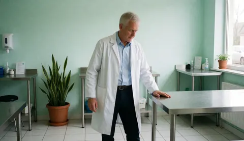 A senior male physical therapist stands in a bright, modern clinic with stainless steel tables, plants, and natural light.