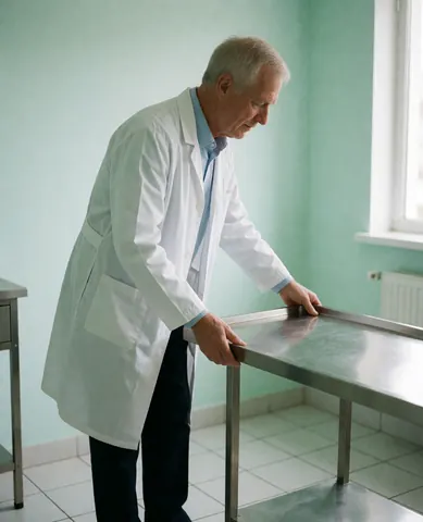 A physical therapist in a white coat adjusts a treatment table in a clinic with green walls and tiled flooring, illuminated by natural light.