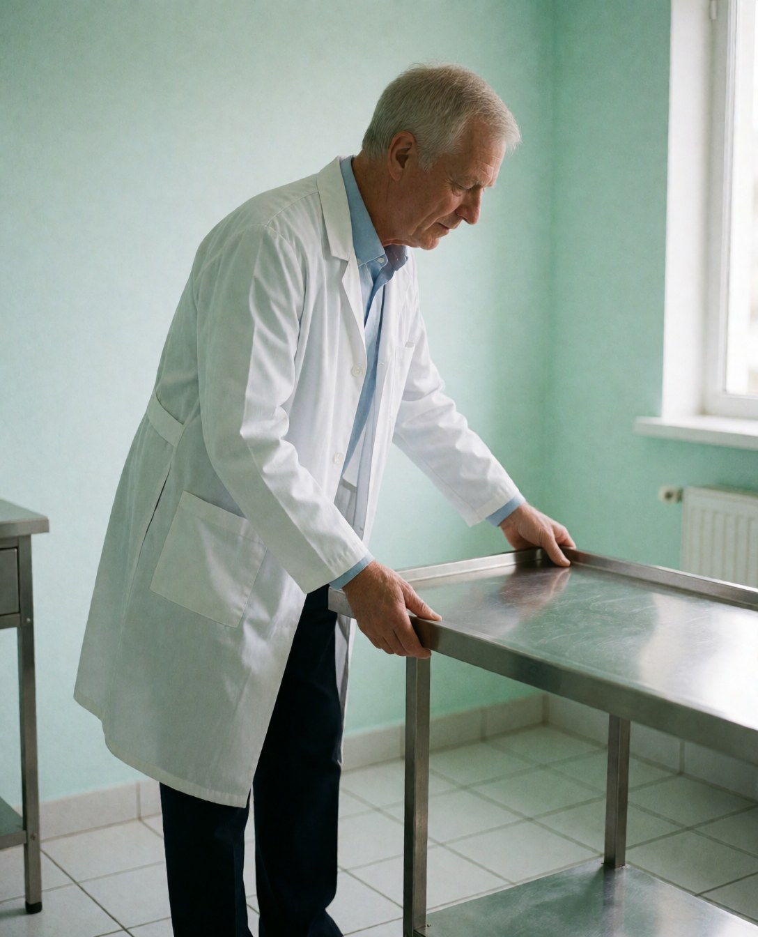 A physical therapist in a white coat adjusts a treatment table in a clinic with green walls and tiled flooring, illuminated by natural light.