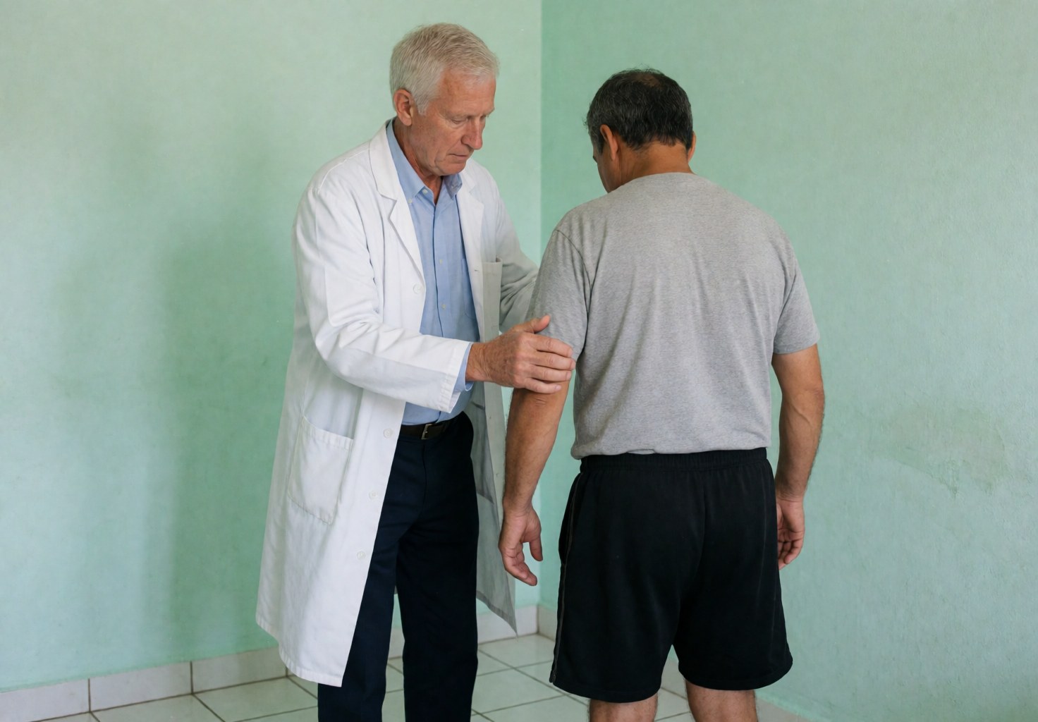 Physiotherapist in white coat examines patient's arm in a clinic with green walls and white floor, showing professional medical care.