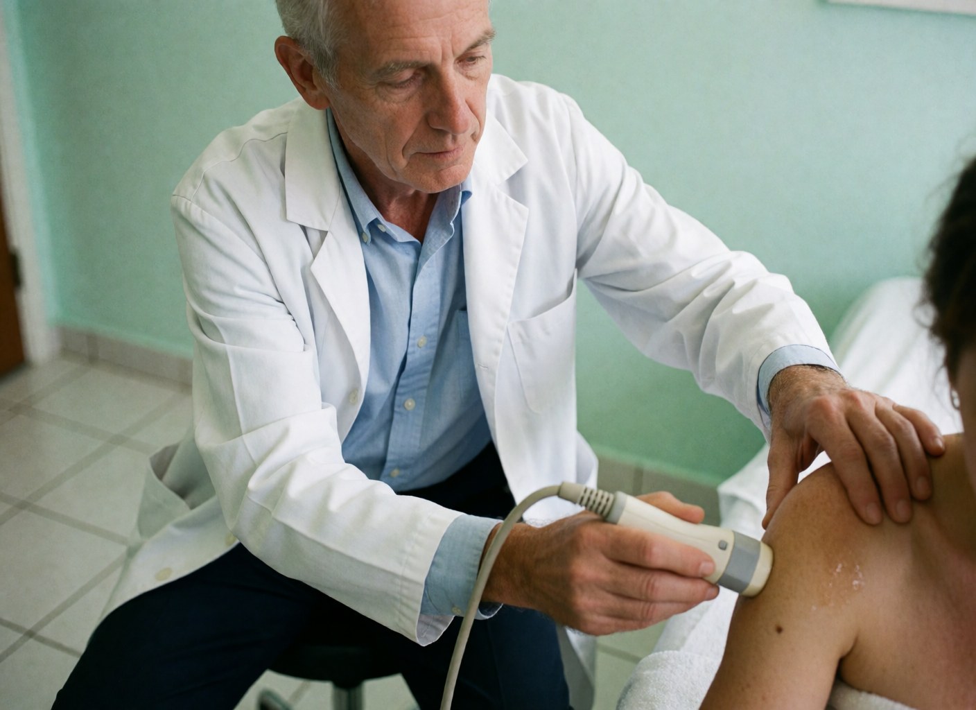 Close-up view of a therapist applying ultrasound gel to a patient's skin during a physical therapy treatment session
