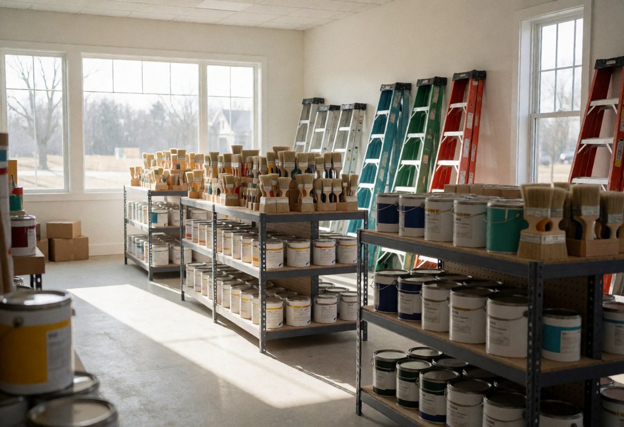 Clean paint supply store interior with shelves full of paint cans, brushes, and ladders, illuminated by natural light from windows, ready for business.