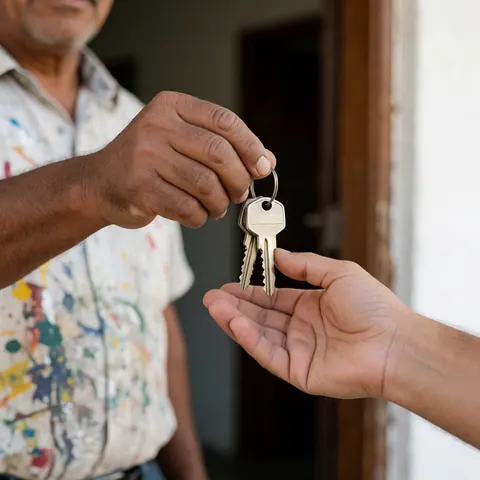 A painter in a stained shirt hands house keys to a client at the front door, marking the completion of a residential painting project.