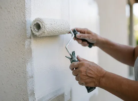 Close-up view of hands using a roller to apply fresh white paint to a textured wall, highlighting professional painting details and natural lighting.