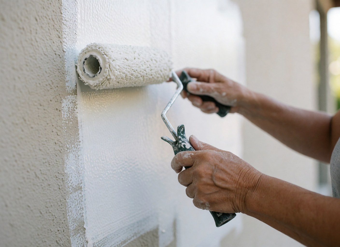 Close-up view of hands using a roller to apply fresh white paint to a textured wall, highlighting professional painting details and natural lighting.