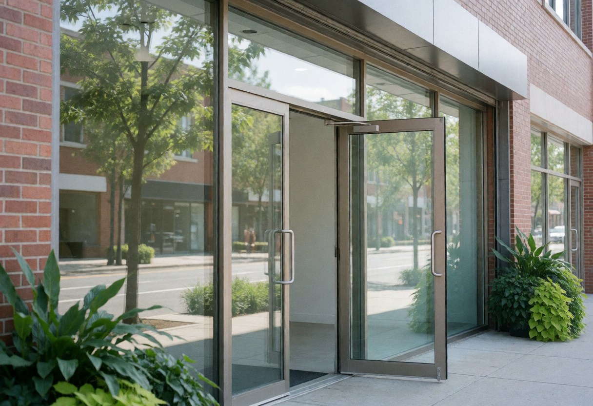 Exterior view of a modern paint shop featuring a brick facade, large glass entrance doors, potted plants, and a welcoming open sign on a sunny day.