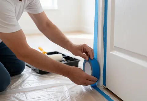 Close-up of a hand carefully applying blue painter's tape to a white door frame in preparation for interior house painting, with tools and supplies visible on the floor.
