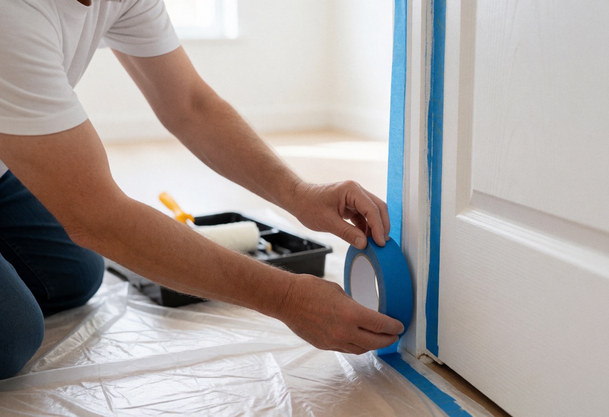 Close-up of a hand carefully applying blue painter's tape to a white door frame in preparation for interior house painting, with tools and supplies visible on the floor.