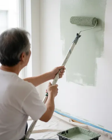 A painter uses a roller to apply sage green paint to an interior wall, working over protective drop cloths in a bright, clean space.