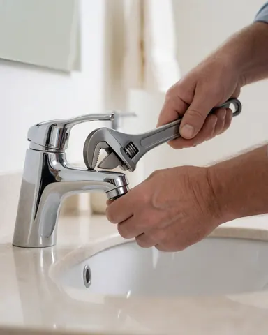 Close-up of a plumber's hands using an adjustable wrench to install a chrome faucet during a bathroom plumbing repair job