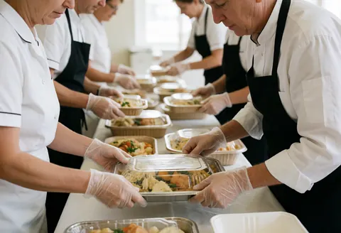 Catering staff in white uniforms and gloves serving food on plastic trays at a clean long table during a professional event