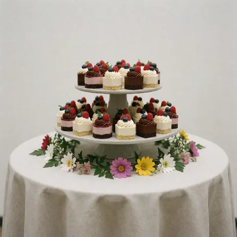 Assorted mini desserts topped with cream, chocolate, and fresh berries arranged on a tiered stand over a table with flowers, ideal for catering events.