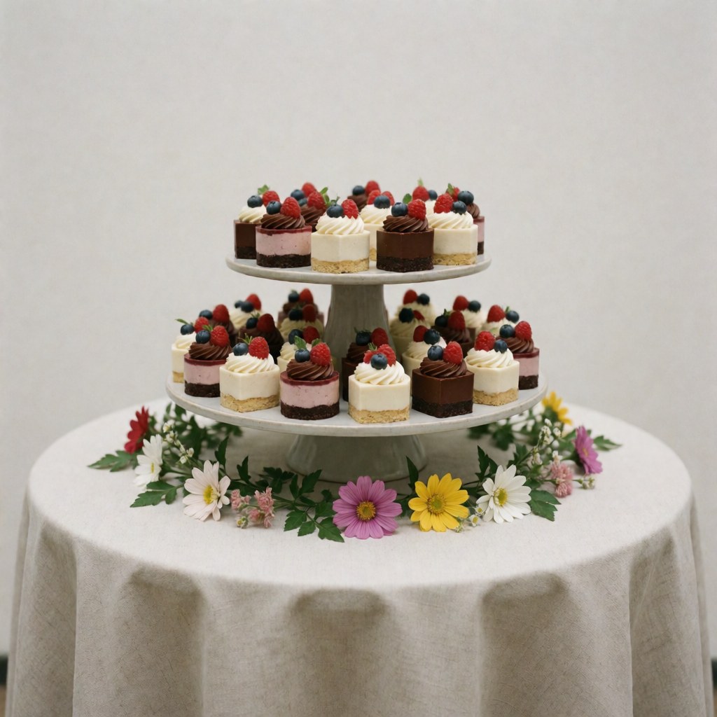 Assorted mini desserts topped with cream, chocolate, and fresh berries arranged on a tiered stand over a table with flowers, ideal for catering events.