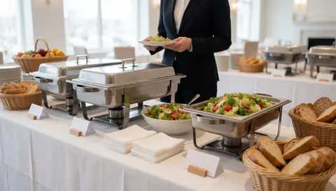 Corporate buffet featuring chafing dishes, fresh salads, bread in baskets, and white napkins in a bright, elegant room.