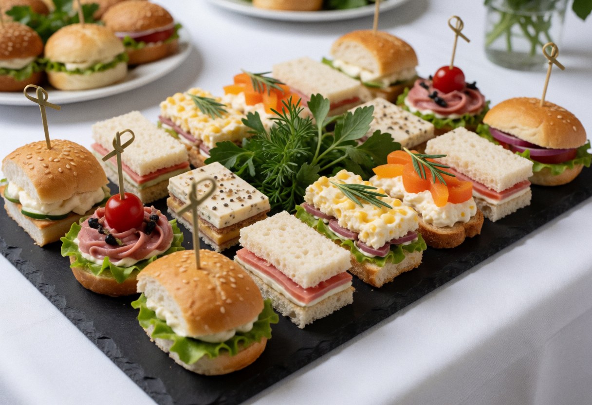 Dark stone plate holding canapes and mini burgers garnished with fresh herbs, cherry tomatoes, and peppers on a white table.