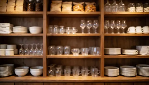 Softly blurred background featuring wooden shelves stocked with plates, glasses, cups, and cutlery, ideal for catering and restaurant business text overlays