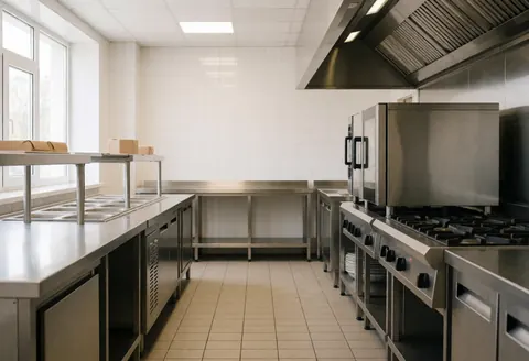 Bright modern professional kitchen featuring stainless steel appliances, white tiled walls, and a clean tiled floor ready for catering operations.