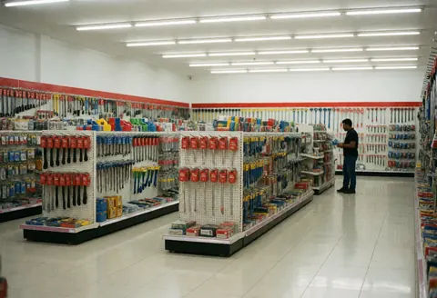 Interior of a well-organized hardware store featuring shelves filled with tools, a customer browsing products, and white tiled flooring.