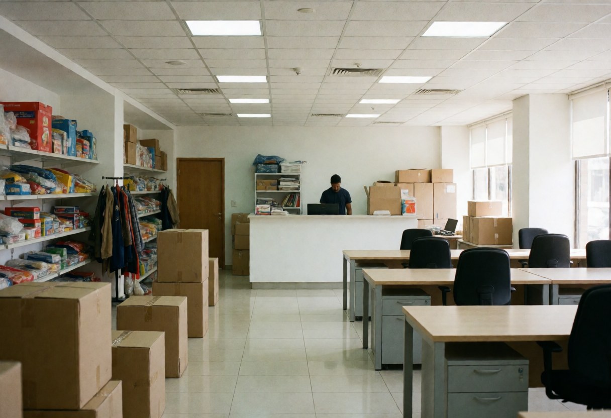 Clean and well-lit moving company office featuring stacked boxes, desks, chairs, and a person working at the reception area.