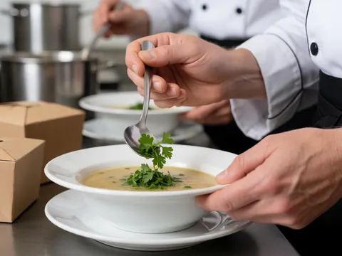 Professional chef garnishing soup with fresh herbs on a white plate in a kitchen setting for catering presentation