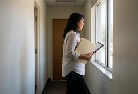 A professional female lawyer walks down an office hallway carrying a document folder, dressed in business attire with natural light from a window.