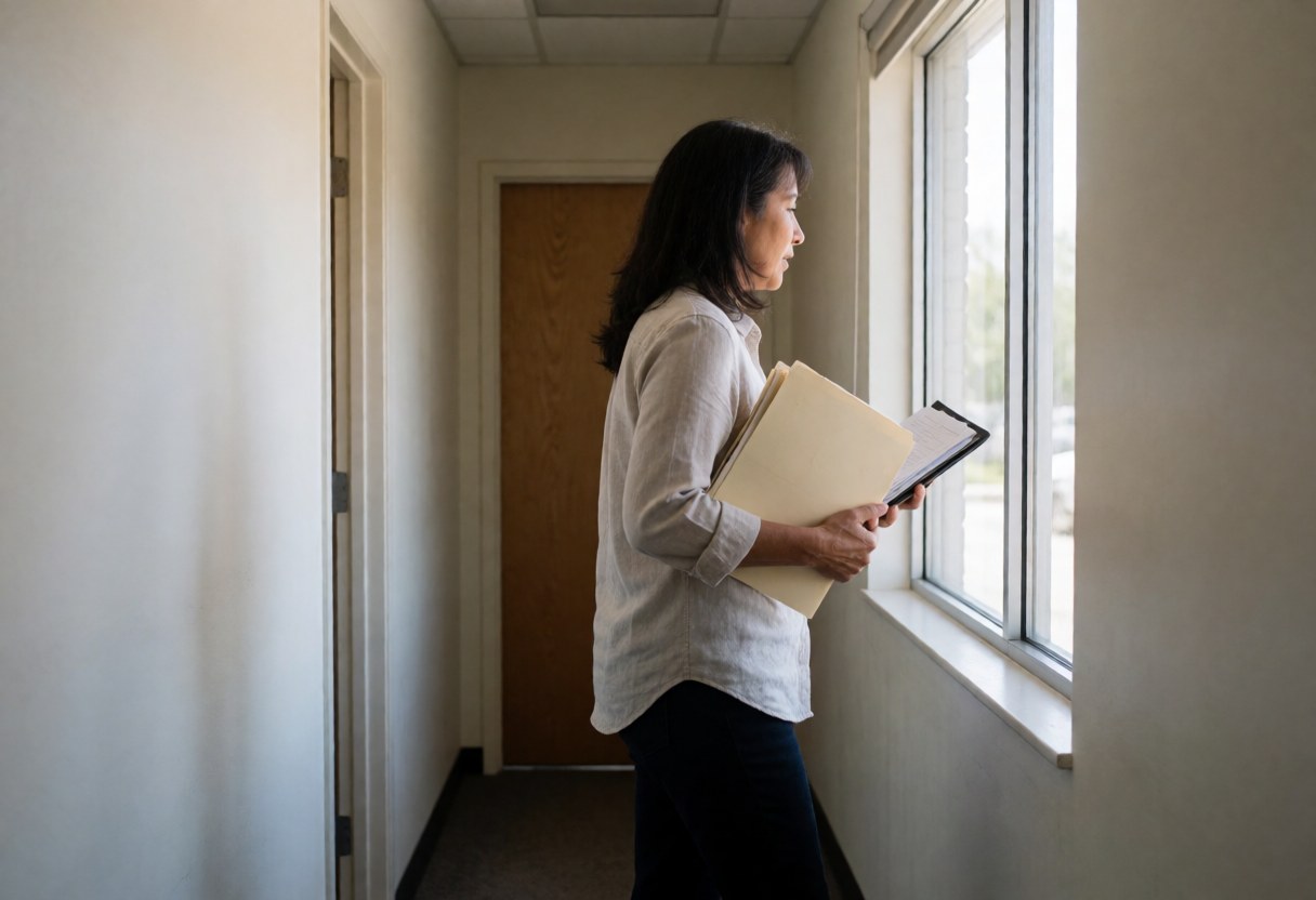 A professional female lawyer walks down an office hallway carrying a document folder, dressed in business attire with natural light from a window.