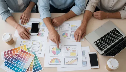 Marketing professionals gathered around a table reviewing design sketches, color swatches, and digital devices during a creative strategy meeting.