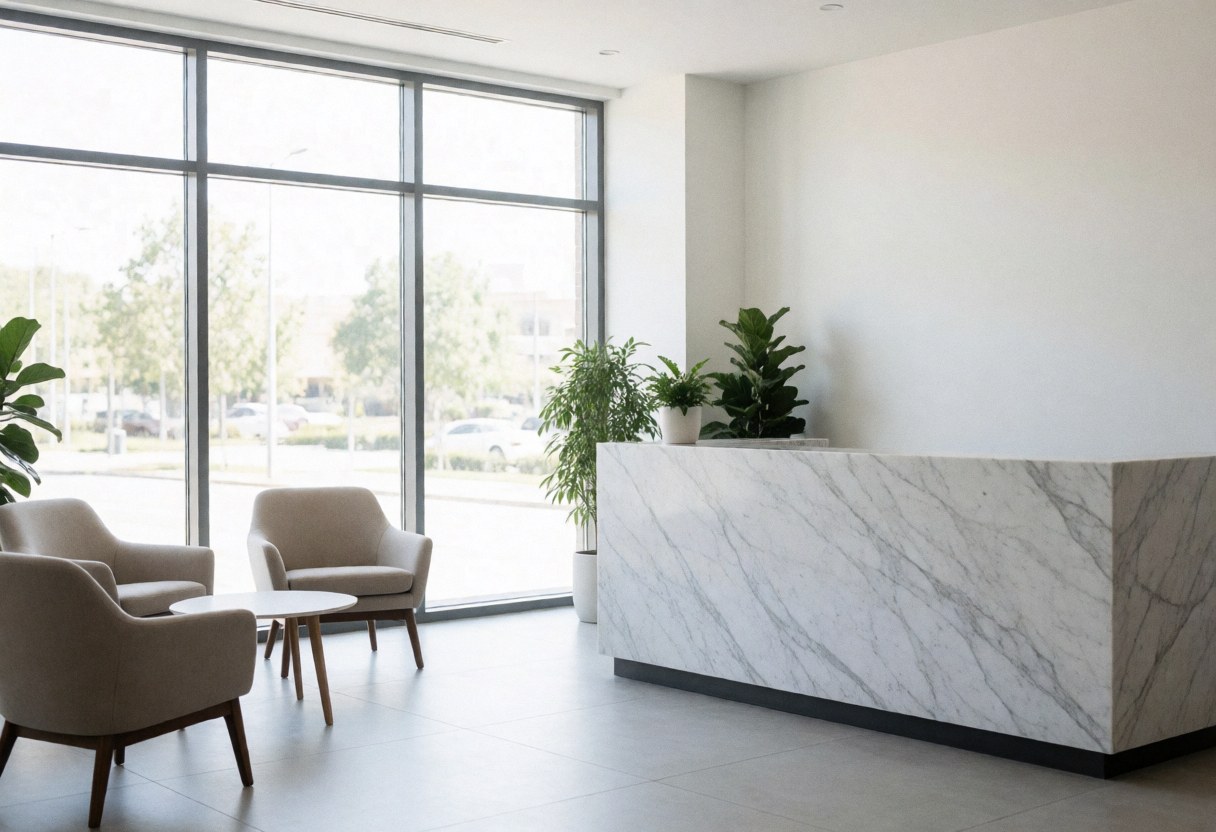 Modern office reception featuring a white marble desk, comfortable chairs, green plants, and large windows with natural light in a clean minimalist space.