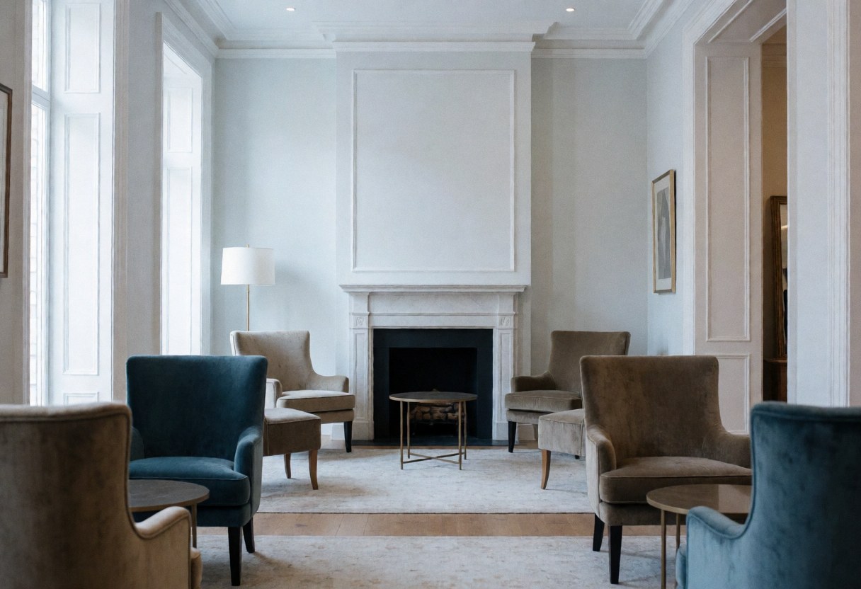 An empty boutique hotel lobby at dawn featuring a fireplace, velvet armchairs, and large windows letting in soft morning light