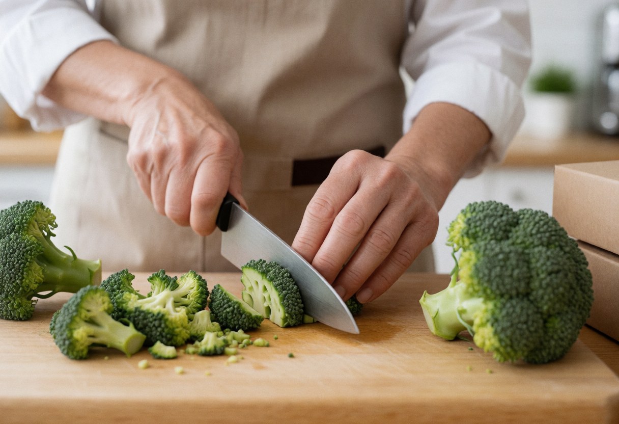 A woman chopping fresh broccoli on a wooden cutting board in a naturally lit kitchen, preparing a healthy meal.