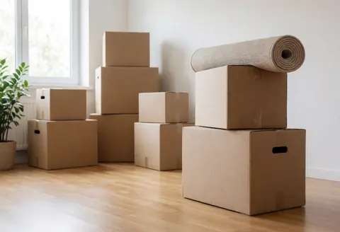 A room filled with packed cardboard boxes, furniture, and a rug, prepared for a move with natural light coming through a window