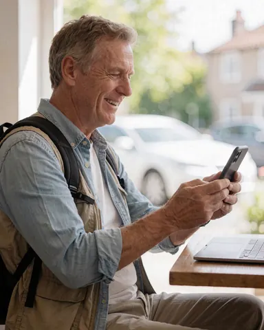 A smiling man in a vest sits at a table outside, looking at his smartphone while enjoying a coffee on a sunny day.
