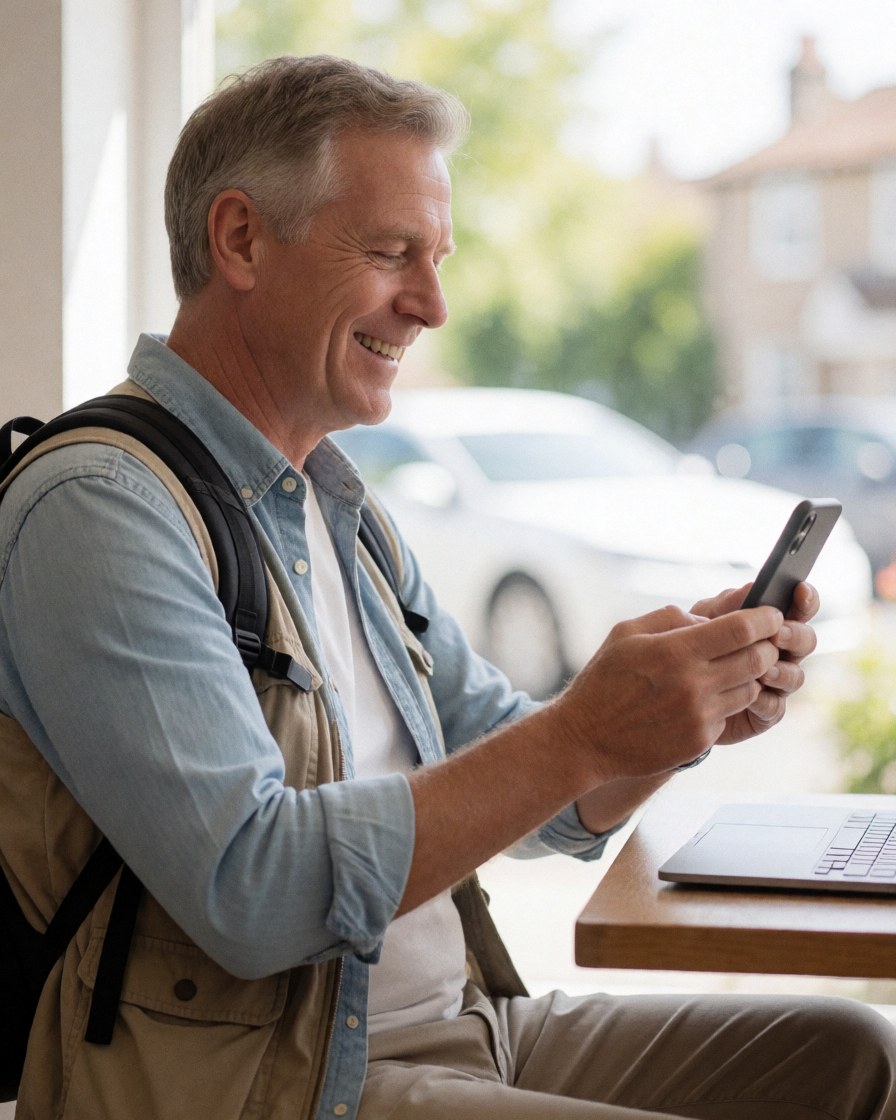 A smiling man in a vest sits at a table outside, looking at his smartphone while enjoying a coffee on a sunny day.