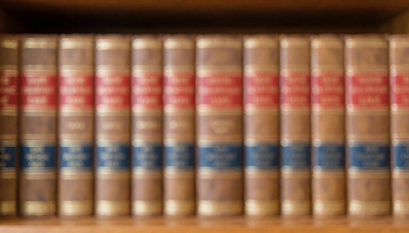 A row of legal reference books arranged on a wooden shelf, providing a professional and textured background suitable for law firm websites.