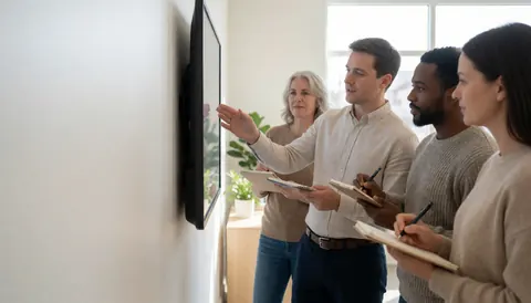 Four adults in a language center, one instructor gestures toward a digital screen while others take notes in notebooks in a bright professional setting