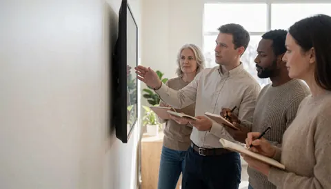 Four adults in a language center, one instructor gestures toward a digital screen while others take notes in notebooks in a bright professional setting
