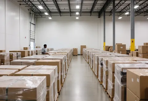 Interior of a modern furniture warehouse showing wooden boxes wrapped in plastic, stacked on pallets in rows, with a worker walking down the central aisle under industrial lighting.