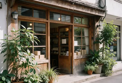 Wooden coffee shop exterior featuring large windows, an inviting entrance door, and lush green plants creating a natural and welcoming atmosphere.