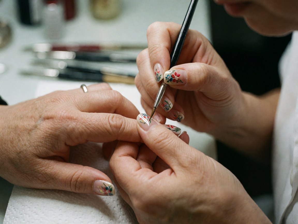 Close-up of a manicurist painting a floral design on a fingernail with a fine brush, with blurred salon tools and client hands in the background.