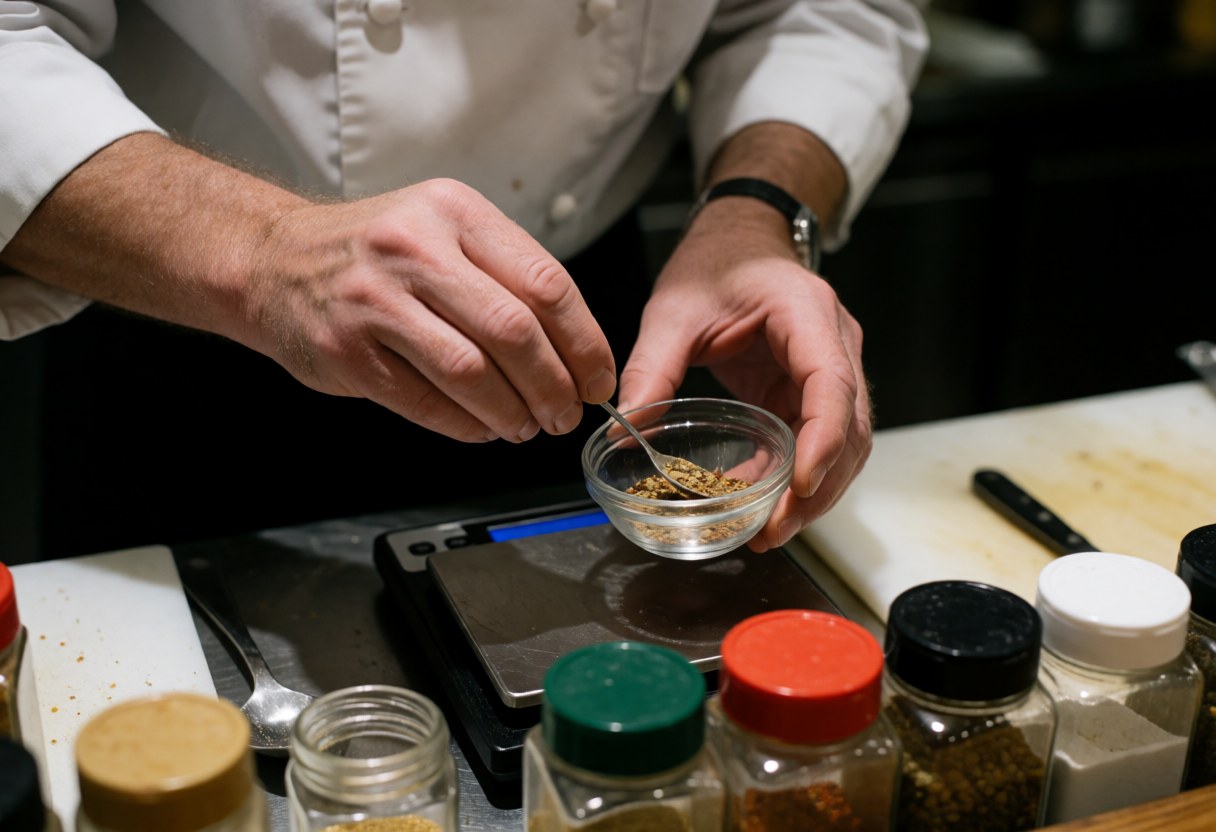 A chef carefully measures spices using a digital scale, surrounded by spice jars in a realistic catering preparation scene