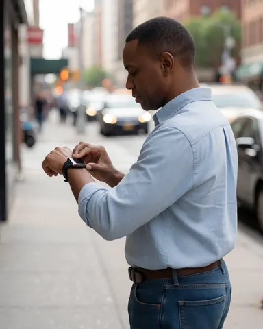 A man in casual attire stands on a sunny sidewalk, looking at the screen of his smartwatch while exploring mobile technology in an urban setting.