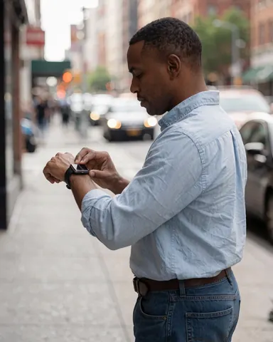 A man in casual attire stands on a sunny sidewalk, looking at the screen of his smartwatch while exploring mobile technology in an urban setting.