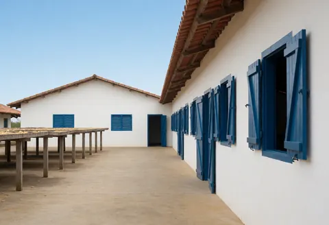 White walled cocoa storage building with blue shutters, outdoor drying racks, and clear blue sky for cocoa business