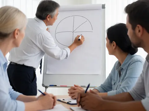 A trainer writes a diagram on a whiteboard while four attentive participants take notes at a conference table in a bright office.