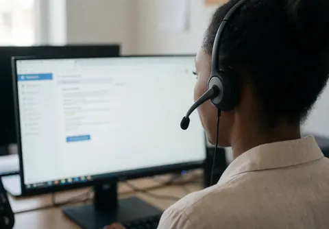 Customer service representatives wearing headsets and working on computers in a modern office environment to provide technical support and resolve client issues