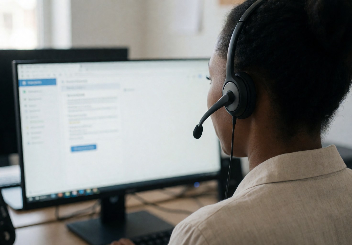 Customer service representatives wearing headsets and working on computers in a modern office environment to provide technical support and resolve client issues
