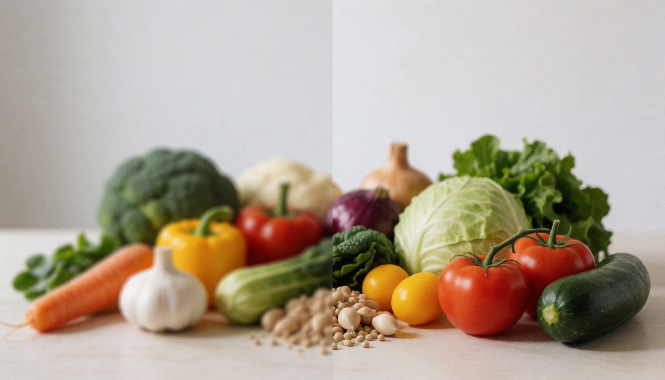Fresh vegetables including broccoli, tomato, carrot, and lettuce arranged on a white table, ideal for nutrition and healthy food text backgrounds.