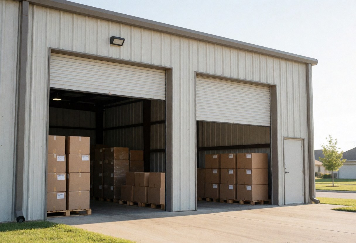 Industrial warehouse with open garage doors, stacked boxes on pallets, clear sky, suburban setting, ideal for moving and logistics services.