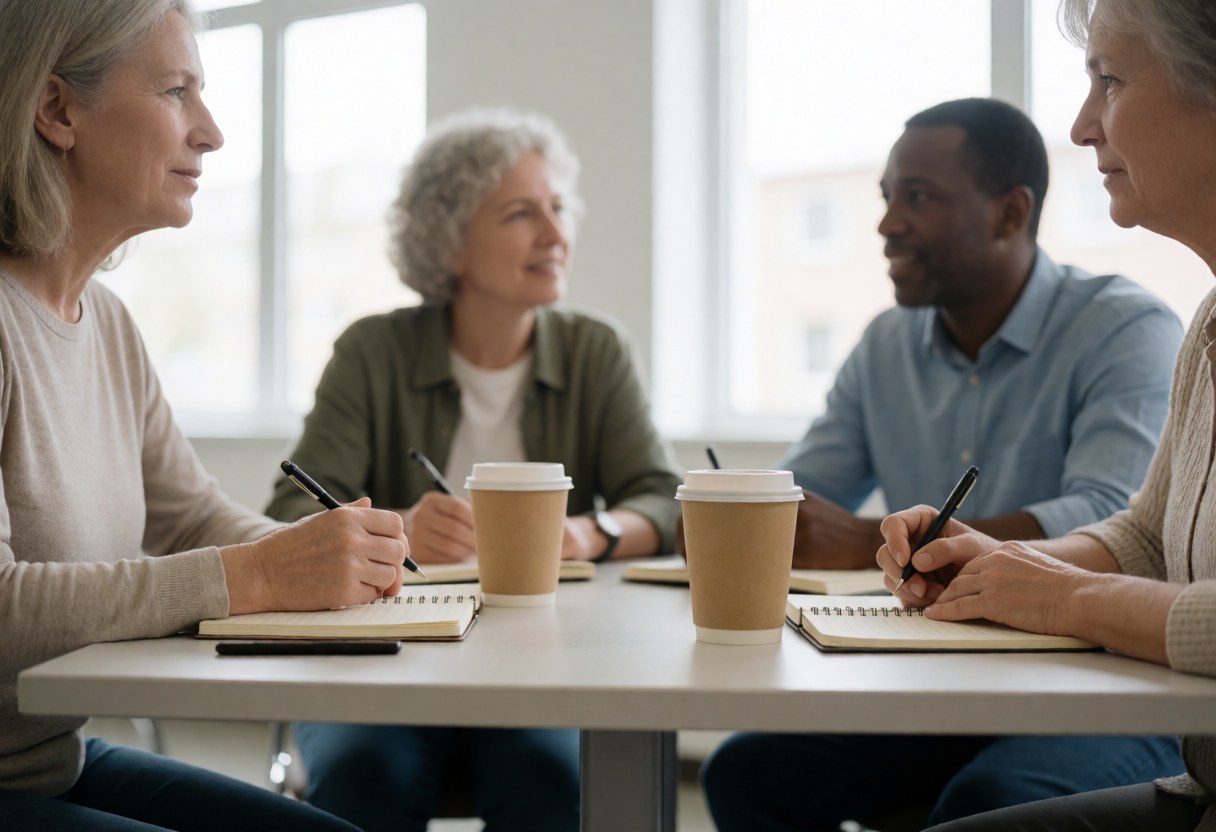 Four adults sitting around a table with notebooks and coffee cups, talking and taking notes in a bright classroom.